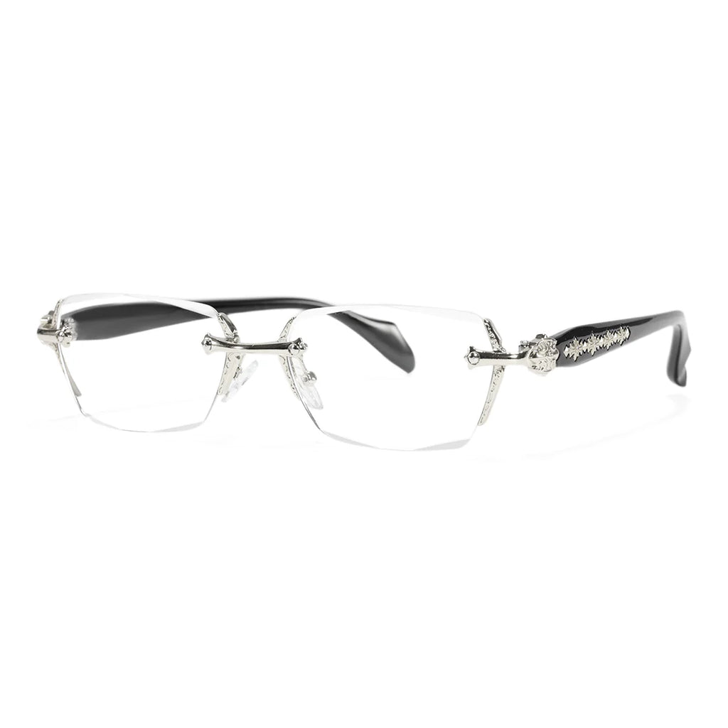 Retro Gothic Cross Rimless Square Glasses – Vintage Gold Frame Clear Lens Luxury Eyewear for Men & Women