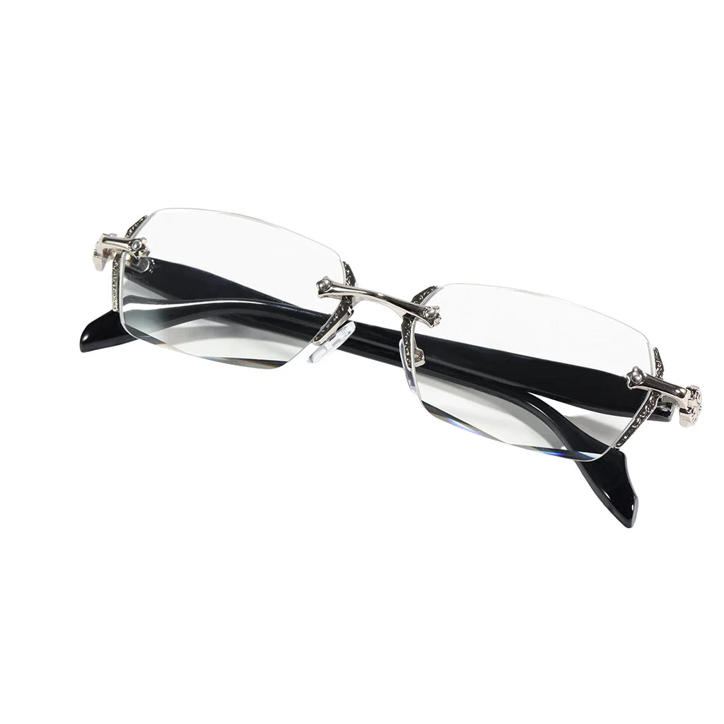 Retro Gothic Cross Rimless Square Glasses – Vintage Gold Frame Clear Lens Luxury Eyewear for Men & Women