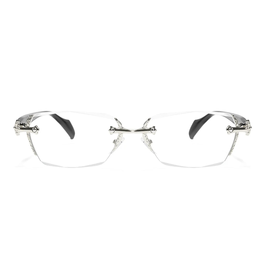 Retro Gothic Cross Rimless Square Glasses – Vintage Gold Frame Clear Lens Luxury Eyewear for Men & Women