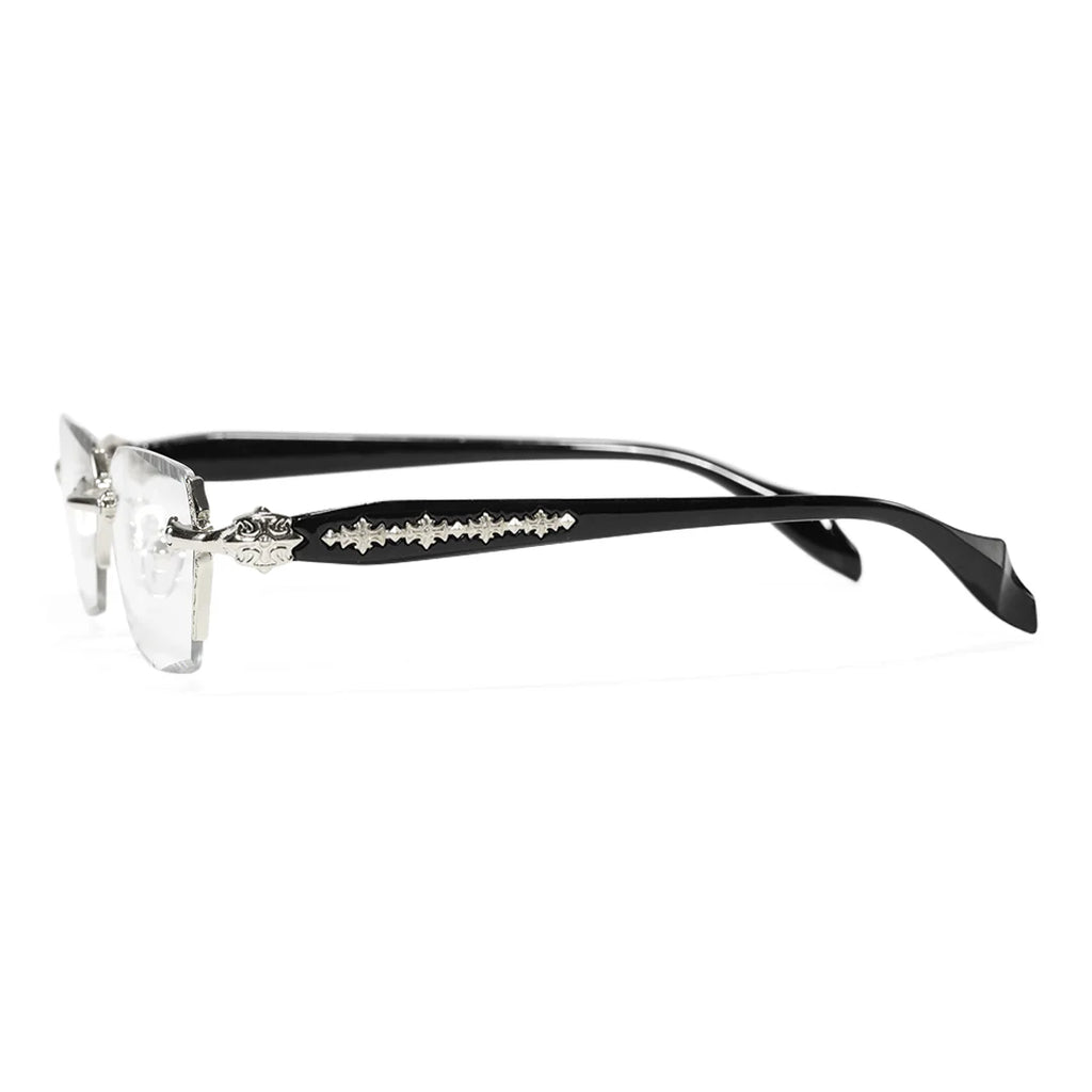 Retro Gothic Cross Rimless Square Glasses – Vintage Gold Frame Clear Lens Luxury Eyewear for Men & Women