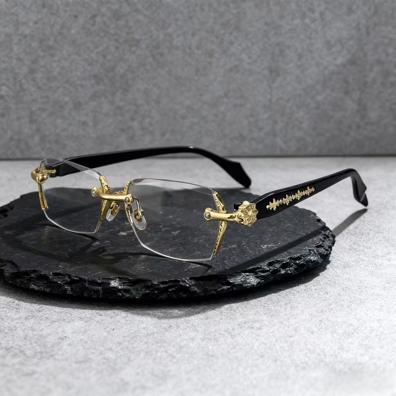 Retro Gothic Cross Rimless Square Glasses – Vintage Gold Frame Clear Lens Luxury Eyewear for Men & Women
